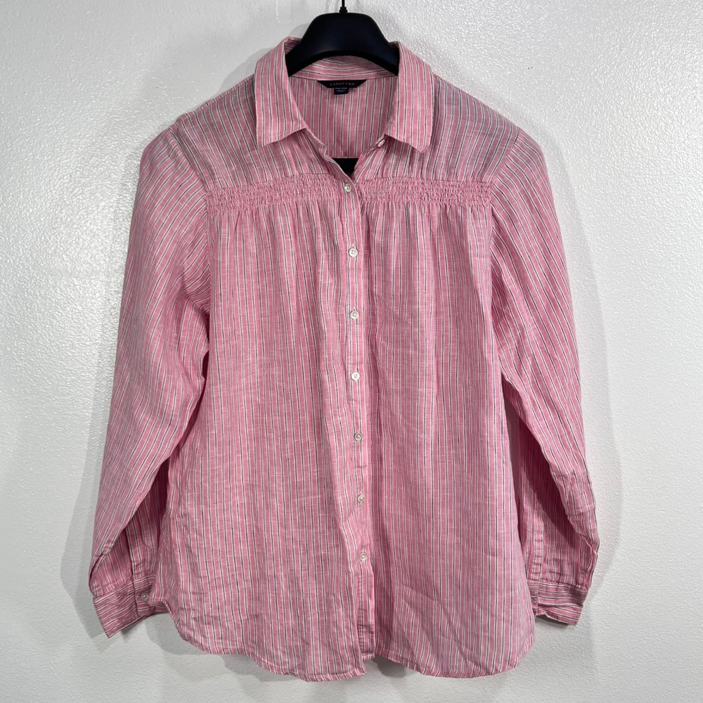 Lands' End Smocked Linen Shirt Women's 1X 16W-18W Pink Stripe Long Sleeve Blouse